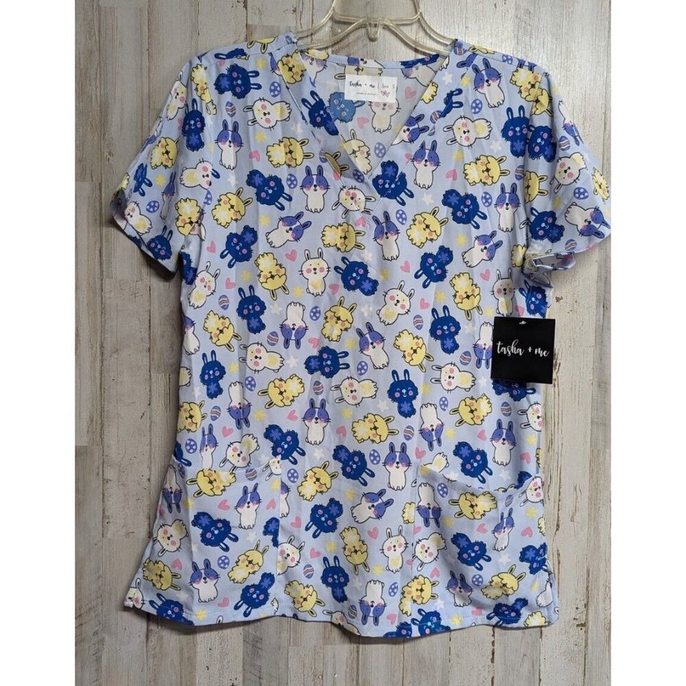 Tasha + Me Women's Small Scrub Top Rabbit Vet Pockets Vneck Short Sleeve NWT
